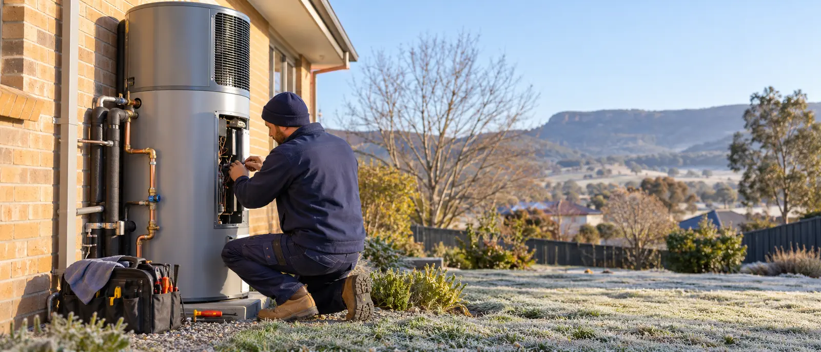 Technician inspecting a heat pump hot water system on a frosty morning near Orange NSW